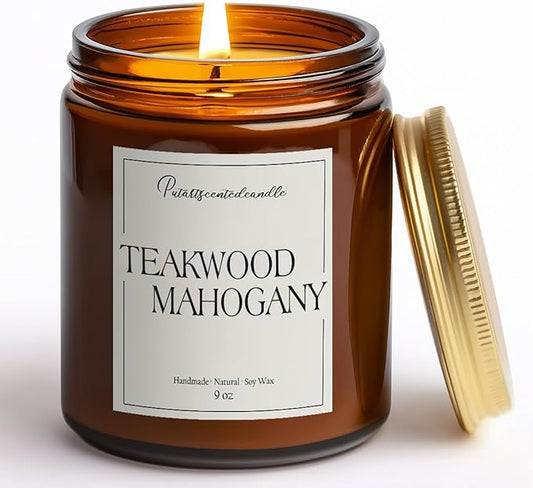 Mahogany & Teakwood Highly Scented Candles for Home, 9oz Natural Soy Aromatherapy Organic Candle with Essential Oil, Home Fragrance Stress Relief & Meditation Jar Candles Gifts for Men Women