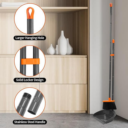 Long Handle Broom with Upright Standing Dustpan Combo for Office Home Kitchen Lobby Floor Cleaning