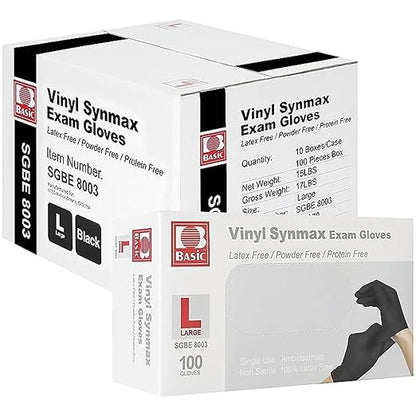 Jointown Disposable Medical Synmax Vinyl Exam Gloves- 4 mil Safty Glove 1000pcs - Latex-Free & Powder-Free - SGBE 8003, Large (Case of 1000, Black)