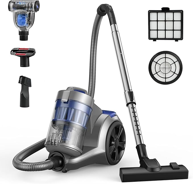 1700W Canister Vacuum Cleaner, 32Kpa Bagless Vacuum Cleaner, Multi-Cyclonic Filtration, 2 Anti-Allergen HEPA Filters, 3.5QT Dust Cup, 4 Tools, Corded Vacuum for Hard Floor, Pet Hair, Navy Blue