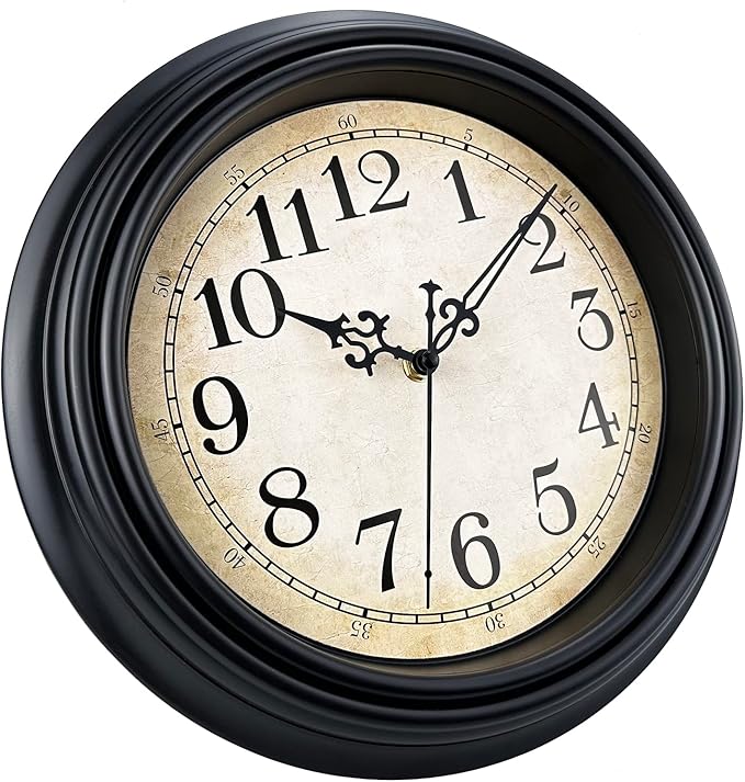 Plumeet Small Retro Wall Clock, 10'' Non Ticking Classic Silent Vintage Wall Clocks Decorative Kitchen Living Room Bedroom - Battery Operated, Black