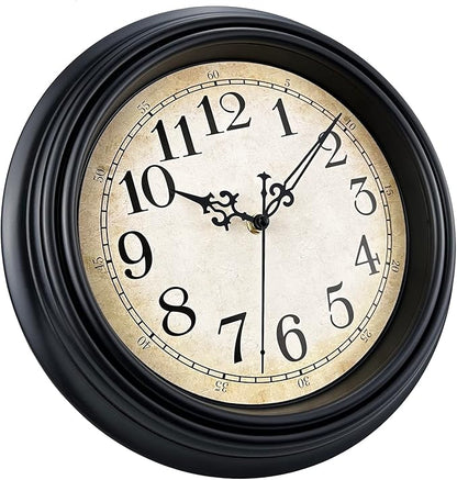 Plumeet Small Retro Wall Clock, 10'' Non Ticking Classic Silent Vintage Wall Clocks Decorative Kitchen Living Room Bedroom - Battery Operated, Black