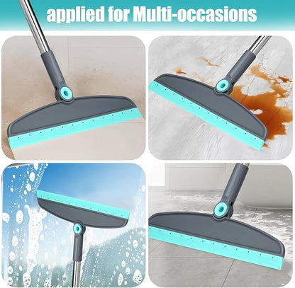 Upgrade Broom and Dustpan Set, Silicone Broom,Long Handle Broom with Upright Standing Dustpan, Squeegee - Broom for Indoor Cleaning 2+1,for Indoor Outdoor,Smooth Floors, Rugs (Green-Grey)