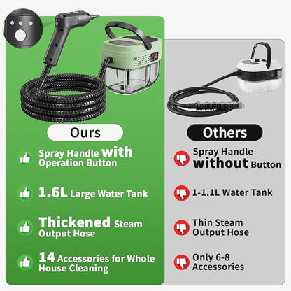 Handheld Steam Cleaner for Home, 2500W High Temperature Pressurized Machine, 1.6L Water Tank, Handle-controlled Steam Output, Portable Cleaning Steamer for Car, Bed Bugs, Furniture (Green, 16 PCS)