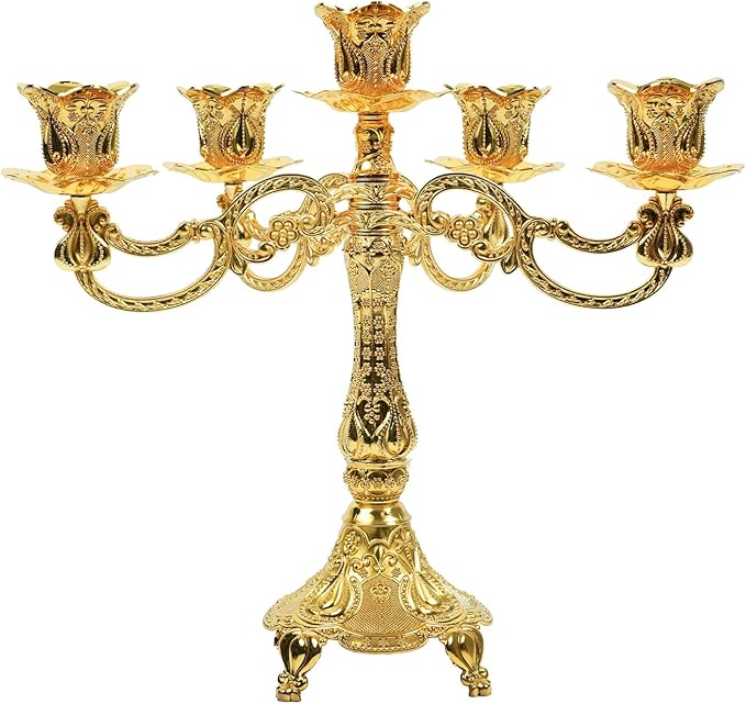 5-Candle Candelabra Metal Candlestick Holder Decoration for Weddings, Churches, Halloween, Christmas, Birthday Party (A-Gold)