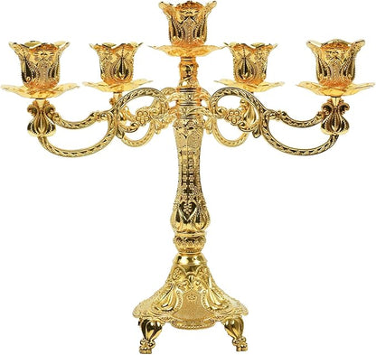 5-Candle Candelabra Metal Candlestick Holder Decoration for Weddings, Churches, Halloween, Christmas, Birthday Party (A-Gold)