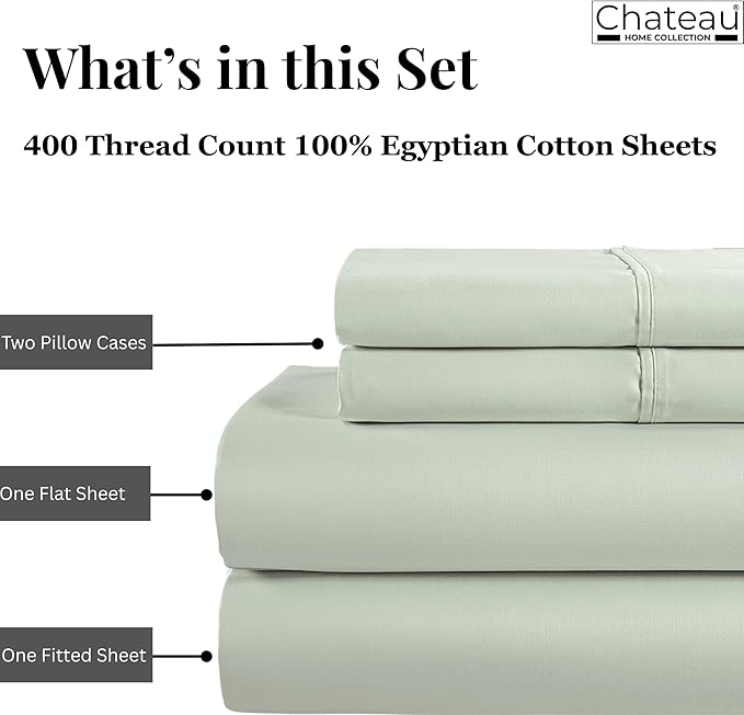 100% Egyptin Cotton Sheets Queen Size Bed Set, 400 Thread Count 15" Deep Pocket Queen Sheets, Sateen Weave 4 Piece Naturally Cool Soft Breathable Elasticated Luxury Bedding For All Seasons- Mineral