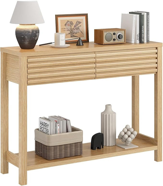 BREEZEHEAT 40" Fluted Console Table with 2 Drawers, Modern Wood 2 Tier Entryway Table with Storage Shelf, Narrow Sofa Table Behind Couch Accent Table for Entrance Foyer, Hallway, Living Room, Natural
