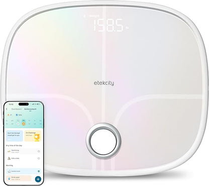 Etekcity Smart Rechargeable Scale for Body Weight, BMI, Fat, Muscle Mass, FSA&HSA Eligible, Digital Bathroom Scale with 13 Metrics, Secret Mode, Bluetooth Connect to Free Apps, Rainbow White