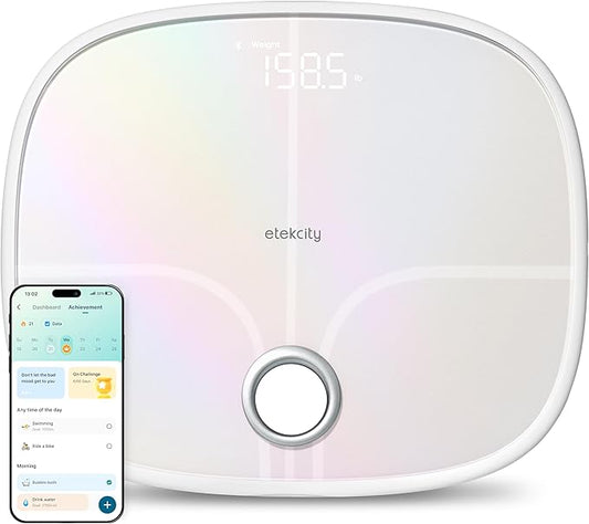 Etekcity Smart Rechargeable Scale for Body Weight, BMI, Fat, Muscle Mass, FSA&HSA Eligible, Digital Bathroom Scale with 13 Metrics, Secret Mode, Bluetooth Connect to Free Apps, Rainbow White