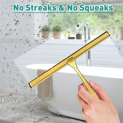 Shower Squeegee for Glass Doors,14-Inch Shower Glass Squeegee, Gold Shower Squeegee for Shower Doors,Mirror,Windows, with Shower Door Hook and Adhesive Hook