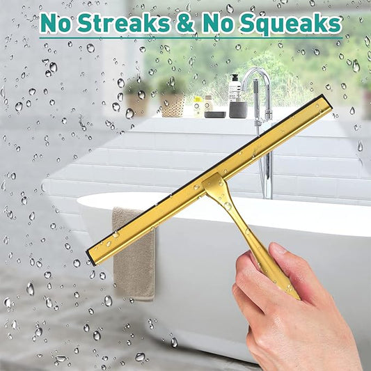Shower Squeegee for Glass Doors,14-Inch Shower Glass Squeegee, Gold Shower Squeegee for Shower Doors,Mirror,Windows, with Shower Door Hook and Adhesive Hook