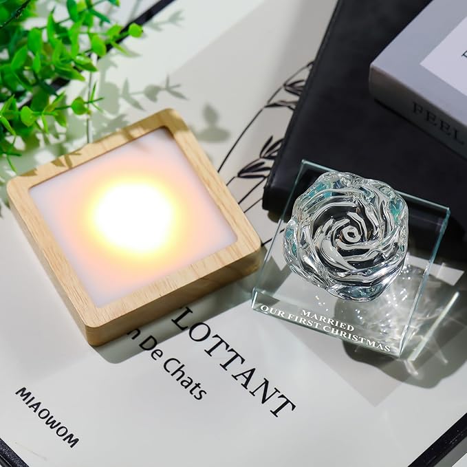 Christmas Wedding Gifts for Couples-Crystal Rose, Mr & Mrs Wedding Gift, Best Decoration Memorial Gift for Bride & Groom (Our First Christmas Married）