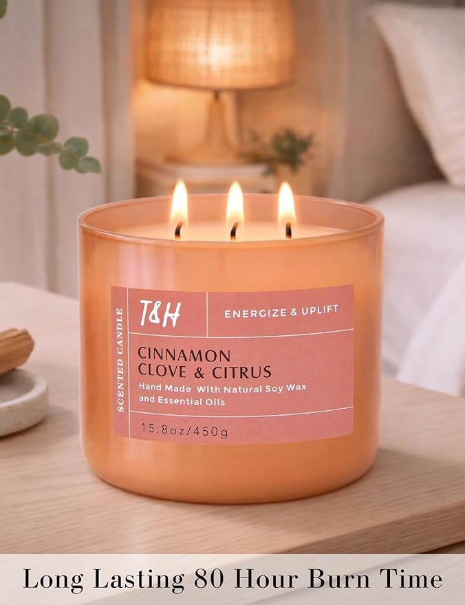 Cinnamon Clove Citrus 3 Wick Soy Candle Large 15.8oz | Spiced Orange Scented Candles for Home | Clean Burn Long Lasting Candle | Warm Cozy Aromatherapy Candle | Housewarming Birthday Gift