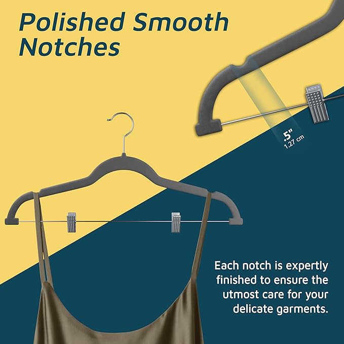 Velvet Skirt Hangers – with Adjustable Clips, 360 Degree Swivel Hook, and Non-Slip Shoulder Notch, Holds Up to 10 lbs, for Organizing Skirt, Pants, Dress, and Clothes, Pack of 50, Gray