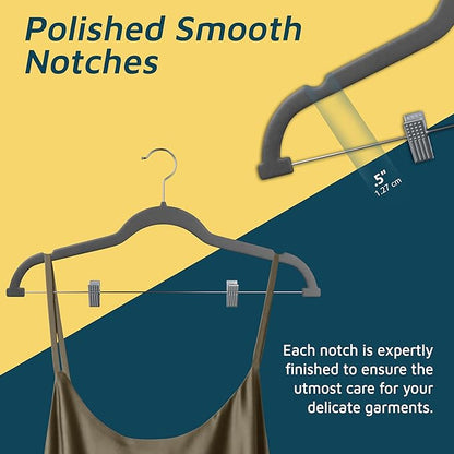 Velvet Skirt Hangers – with Adjustable Clips, 360 Degree Swivel Hook, and Non-Slip Shoulder Notch, Holds Up to 10 lbs, for Organizing Skirt, Pants, Dress, and Clothes, Pack of 50, Gray