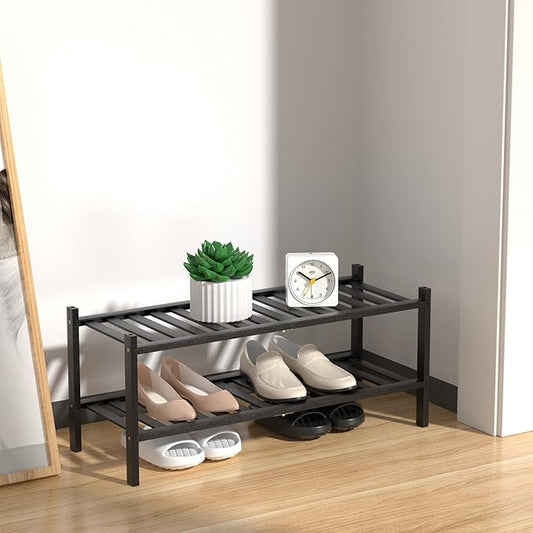 2 Tier Bamboo Shoe Rack for Closet Stackable Wooden Shoe Organizer Free Standing Wood Shoe Shelf for Entryway Small Space, 27" x 11" x 13", Black