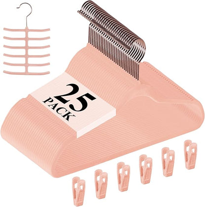 VECELO Premium Velvet Clothes Hangers Suit Heavy Duty (25 Pack)-Non Slip & Space-Saving with 6 Finger Clips & Tie Rack Excellent for Men and Women，Pink