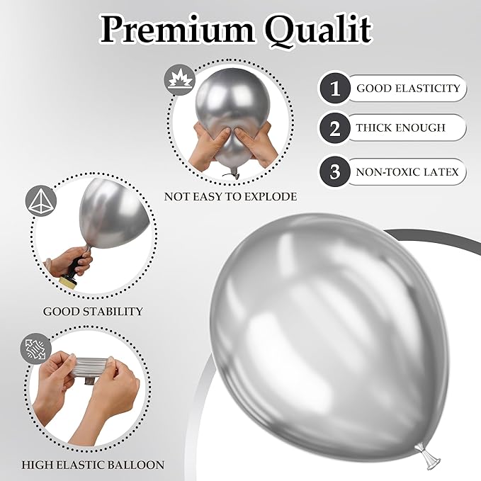 130PCS Metallic Silver Balloons, Latex Balloon Different Sizes 18/12/10/5 In, Helium Balloon with Ribbon, Party Balloon for Birthday Wedding Graduation Anniversary Baby Shower Decoration