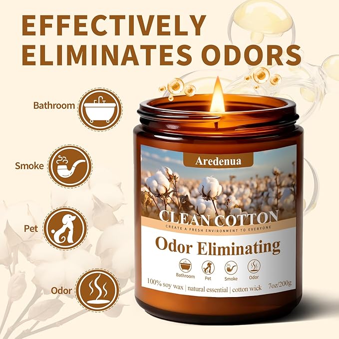 Clean & Pure Cotton Odor Eliminating Candles | Eliminates 95% of Pet, Smoke & Bathroom Odors – 7 oz Hand Poured Non-Toxic Soy Candle - Fresh Air Scented Candle Gentle for Pet - Gifts for Families