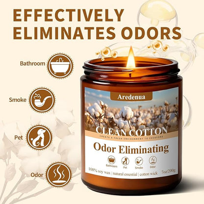 Clean & Pure Cotton Odor Eliminating Candles | Eliminates 95% of Pet, Smoke & Bathroom Odors – 7 oz Hand Poured Non-Toxic Soy Candle - Fresh Air Scented Candle Gentle for Pet - Gifts for Families
