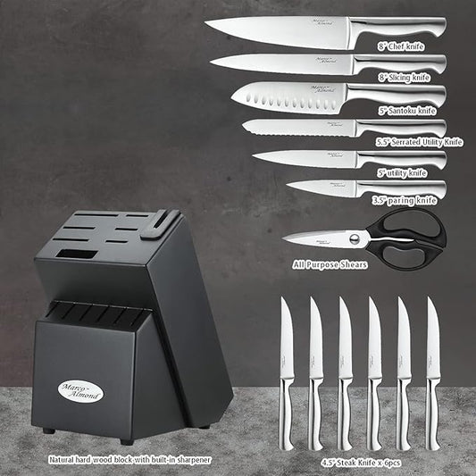 Marco Almond® Knife Set with Block KYA28, 14 Pieces Stainless Steel Chef Cutlery Kitchen Knives Block Set with Built-in Sharpener