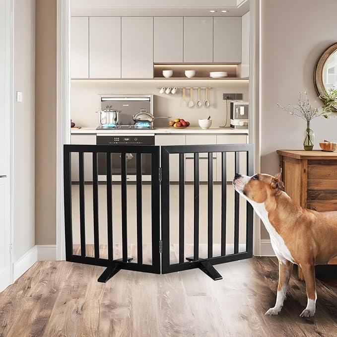 Dog Gate Indoor, Freestanding Dog Fence for The House, Doorways, Hallways,or Stairs,Pet Gate Foldable Wooden,Expandable 24" Height 2 Panels,Black