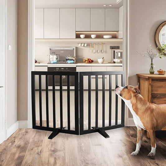 Dog Gate Indoor, Freestanding Dog Fence for The House, Doorways, Hallways,or Stairs,Pet Gate Foldable Wooden,Expandable 24" Height 2 Panels,Black
