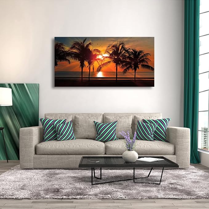 Beach Canvas Wall Art Seascape Theme Pictures Home Decor Blue Ocean Coconut Tree Sunset Prints Paintings for Living Room Bathroom Bedroom Kitchen Office Decoration Natural Scenery Artwork 24x48inches