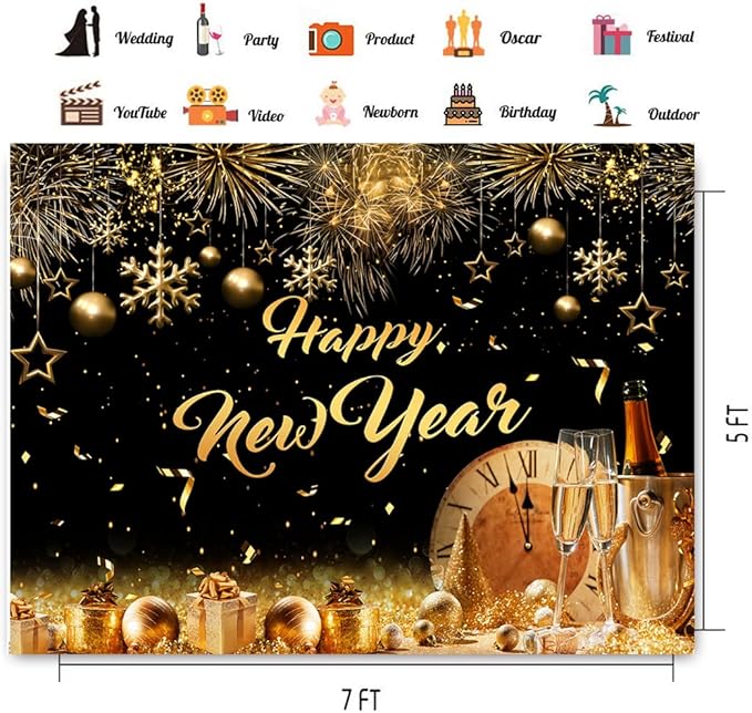 CHAIYA 7X5ft 2026 Happy New Year Party Backdrop Fabric Sign Poster Banner with Pattern Firework for New Year Party Decoration Photo Props Background Supplies
