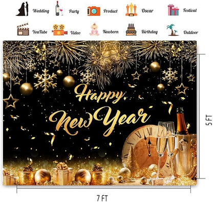 CHAIYA 7X5ft 2026 Happy New Year Party Backdrop Fabric Sign Poster Banner with Pattern Firework for New Year Party Decoration Photo Props Background Supplies