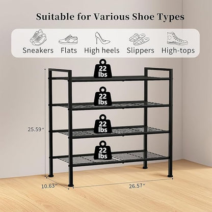 4-Tier Shoe Rack,Metal Simple Shoe Storage Organizer Shelf for Closet,Entryway, Bedroom,Garage (Black, 4 Tier)