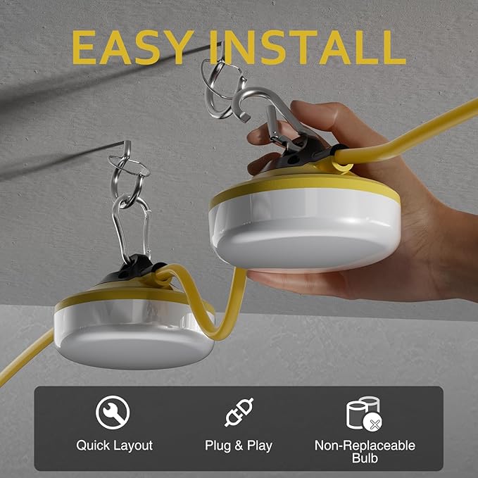LED Construction String Lights 100FT, 10000 LM, 5000K Daylight LED String Work Lights, 100W Temporary Lighting for Job Site Outdoor Indoor, IP65 Waterproof Temporary Construction Lights, ETL Listed