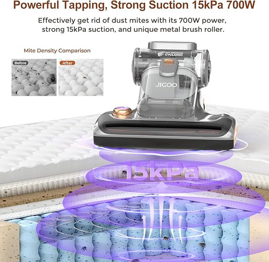 JIGOO T600 Bed Vacuum Cleaner with UV-C Light, 15Kpa Suction 700W Powerful Double Cup Handheld Vacuums, Mattress Vacuum Cleaner with Smart Dust Sensor, Ultrasonic & Heating Tech, HEPA Filter - Corded