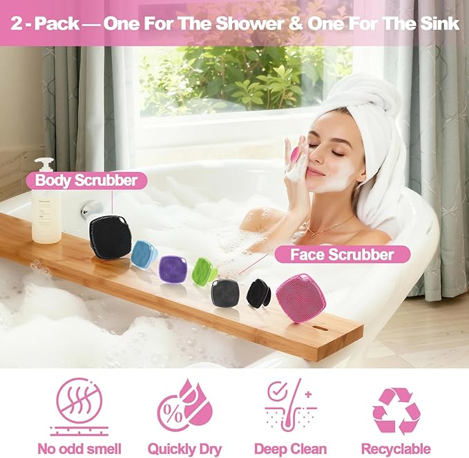 2 Pack Face Scrubbers, Silicone Face Scrubber Soft Bristles, Gentle Lather, Exfoliating & Deep Cleaning for Sensitive Skin, Giant Suction Cup Stick Securely, Easy to Store (Pink)
