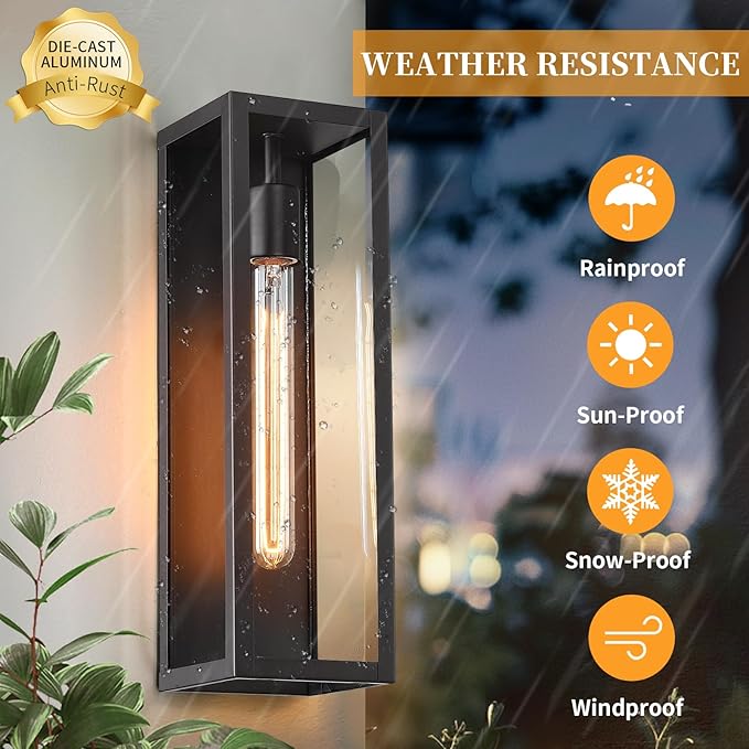 16'' Large Black Exterior Lighting Fixtures 2Pack, Waterproof Exterior Wall Light Sconces Wall Mount with Tempered Glass, Outdoor Wall Lights Porch Outside Coach Lights for Garage House