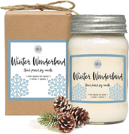 Aira Soy Candles - Organic, Kosher, Vegan, in Mason Jar w/Therapeutic Grade Essential Oil Blends - Hand-Poured 100% Soy Candle Wax - Paraffin Free, Burns 110+ Hours - Winter Wonderland - 16 Ounces