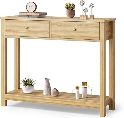 Gizoon 2 Drawer Console Table, 2-Tier Wood Entryway Table with Storage Shelves, 39" W Wood Accent Sofa Table for Front Hall, Hallway, Living Room, Oak Color