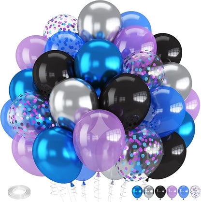 Black Blue and Purple Balloons, 12 Inch Metallic Blue Purple Black and Silver Confetti Balloons for Kids Boys Outer Space Astronaut Birthday Baby Shower Video Game Party Decorations