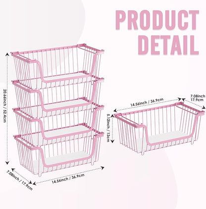 4 Pcs Stackable Wire Baskets for Pantry Organizers and Storage,Vegetable Fruit Basket for Countertop,Kitchen Storage Metal Baskets,Produce Potato Onion Storage Bin,pink