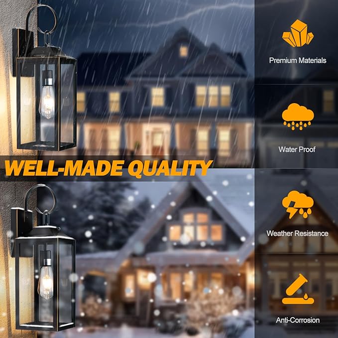 19" Dusk to Dawn Outdoor Lighting 2 Pack, Large Dusk to Dawn Outdoor Wall Lights, Black Sensor Porch Lights Outdoor Exterior Lighting Fixtures Wall Mount for House Garage -with Gold Trim