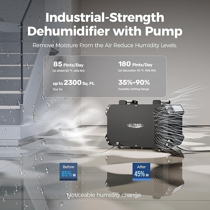 ALORAIR Crawlspace Dehumidifiers with Pump, 180 Pint Energy Star Commercial Dehumidifier for Basements with Drain Hose, 2,300 Sq.Ft Auto Defrost Industry Crawl Spaces Dehumidifier