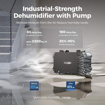 ALORAIR Crawlspace Dehumidifiers with Pump, 180 Pint Energy Star Commercial Dehumidifier for Basements with Drain Hose, 2,300 Sq.Ft Auto Defrost Industry Crawl Spaces Dehumidifier