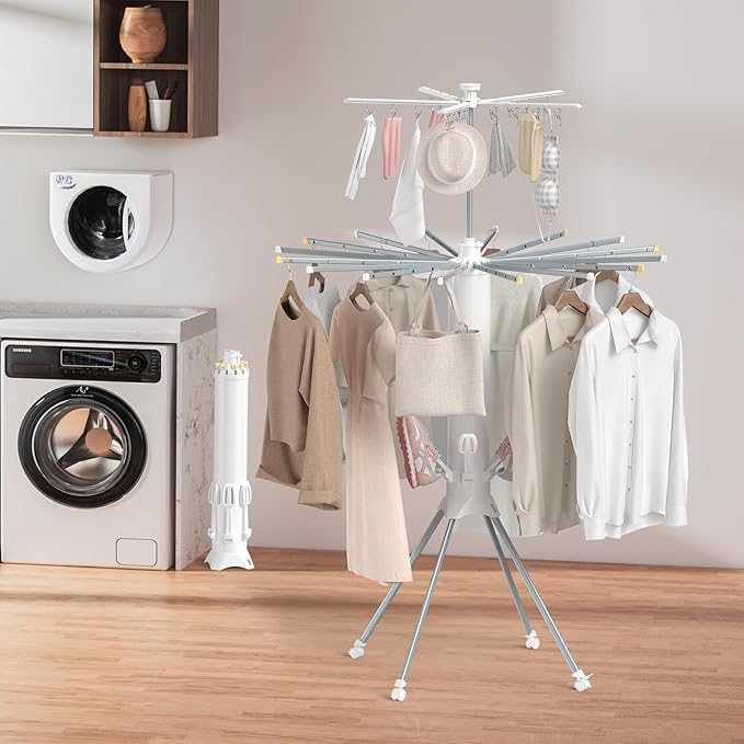 Clothes Drying Rack Foldable, 4-Legged Laundry Drying Rack Collapsible, Clothing Drying Rack with 4 Pulleys, 3-Tier Collapsible Drying Racks for Laundry and Shoes