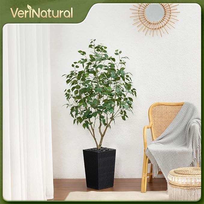 5ft Tall Artificial Ficus Tree in Black Planter with Pebbles | UV Resistant Faux Tree for Indoor & Outdoor | Realistic Floor Plant Decor for Home, Office (VN128)