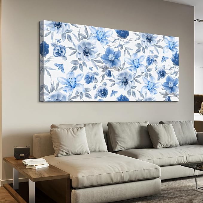 CanvasGarden Floral Canvas Wall Art, Soft Blue Floral with Silver Tones Watercolor Poster Serene Botanical Soft Flower Home Decor, Framed Prints for Living Room Bedroom Office Decor, 32x16Inch