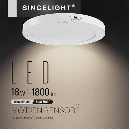 SINCELIGHT PIR Motion Sensor 18W LED Ceiling Light (Φ9''/220mm), Automatically ON/Off, Movement Activated, Dual Mode Turnable, Neutral White 4000K, Surface/Flush Mount for Hallway,Porch, Pack of 1