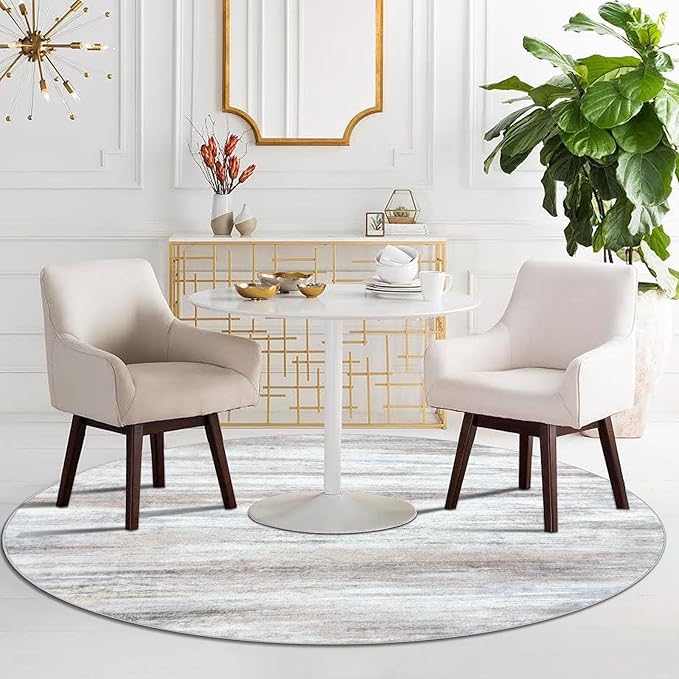 KOZYFLY Modern Abstract Round Rug 5Ft, Washable Kitchen Rug Non-Slip Soft Bathroom Circle Rug, Beige Striped Entryway Rugs Abstract Print Faux Wool Doormat for Bedside Entrance Bedroom Sink