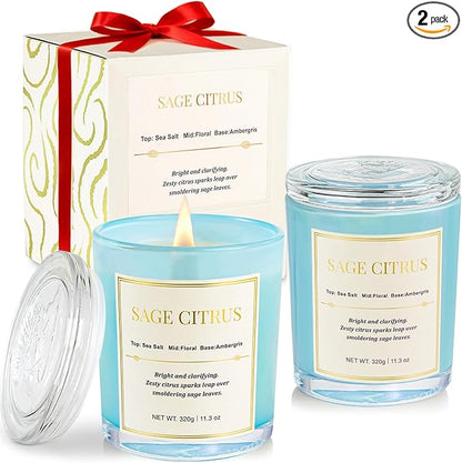 2 Pack Candles for Home Scented,Wood Wick Sage Citrus Scented Candle,22.6 oz 150 Hour Long Burning Lasting, Natural Soy Wax Candles Gifts Set,for Holiday Day