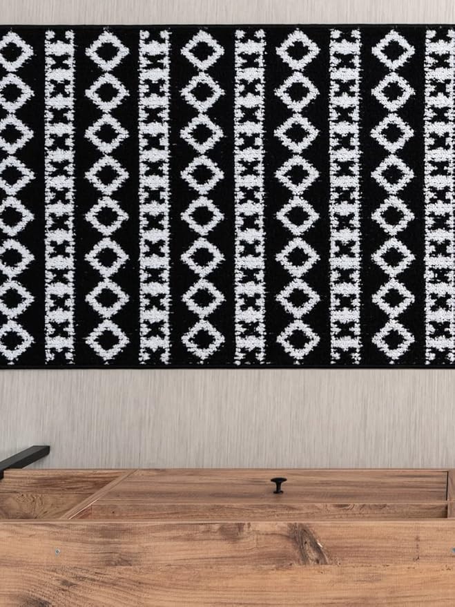 3 Ft Non-Slip Black White Doormat - 2'7" X 3' Washable Carpet - Rubber Backed, Custom Size Floor Mat for Stairs Bedroom Bathroom Entryway - Kilim Pattern